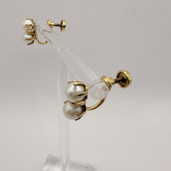 Vintage Double Pearl Screw Back Clip on Earrings Gold Tone Retro 12K Gold Filled - Picture 5 of 10